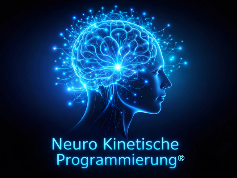 NKP Blau leuchtendes Gehirn-Symbol über Silhouette mit dem Text "Neuro Kinetische Programmierung®".