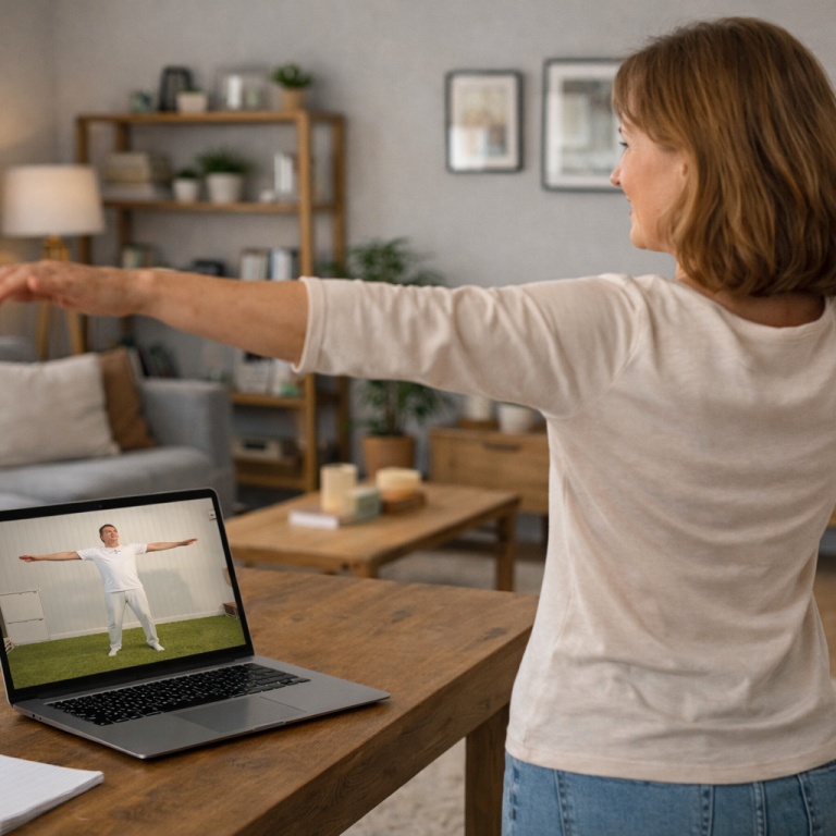 Online Kurs Frau führt eine Übung zu Hause vor einem Laptop aus.