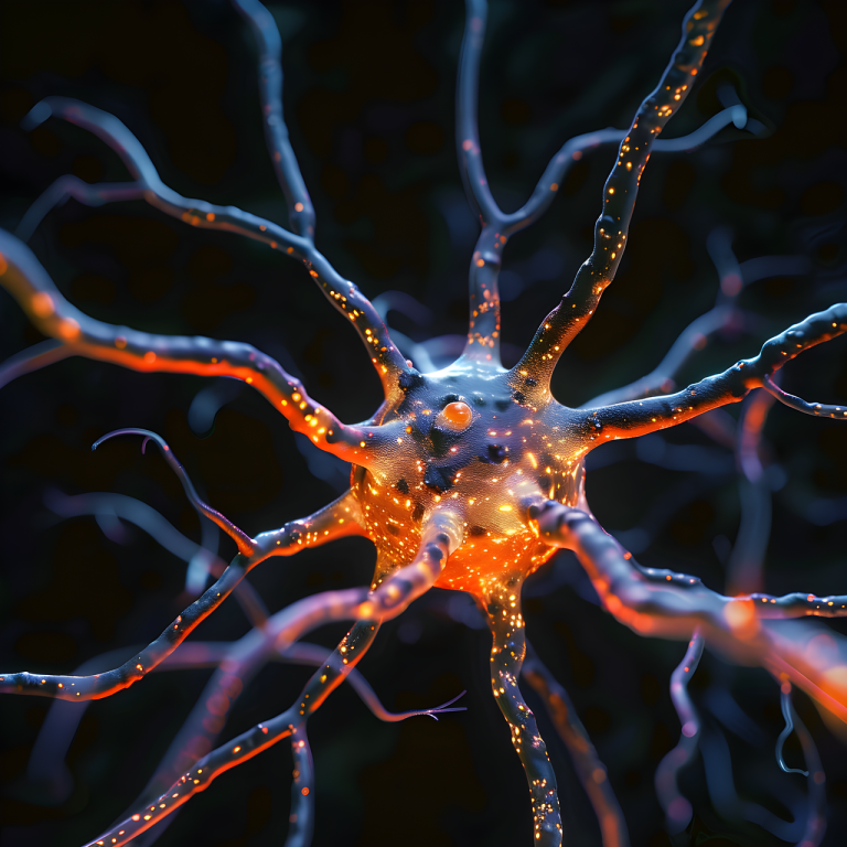 Nervenbahnen Leuchtende Nervenzelle mit verzweigten Axonen vor dunklem Hintergrund.